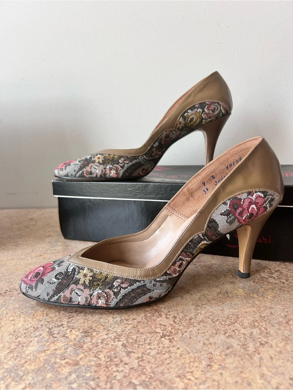 Vintage Floral Tapestry/Leather Heels customized for Ray Ehinger size 9